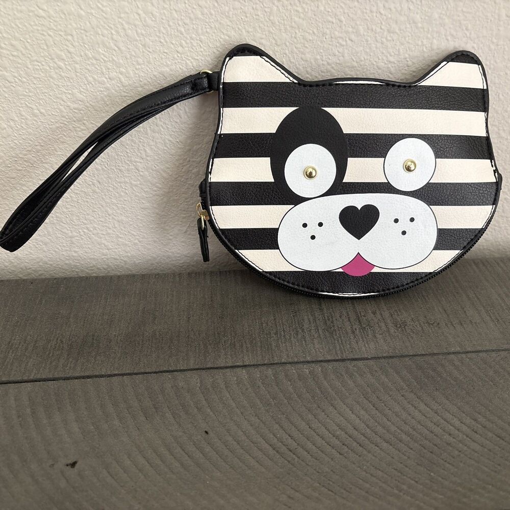 Luv Betsey Johnson Puppy Dog Wristlet Coin Purse Black & White Faux Leather - Picture 2 of 9